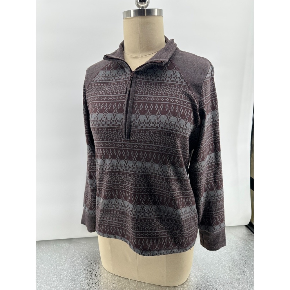 Kavu Women's Large 1/4 Zip Long Sleeve Baselayer Sweater Thumb Holes -Grey/Brown